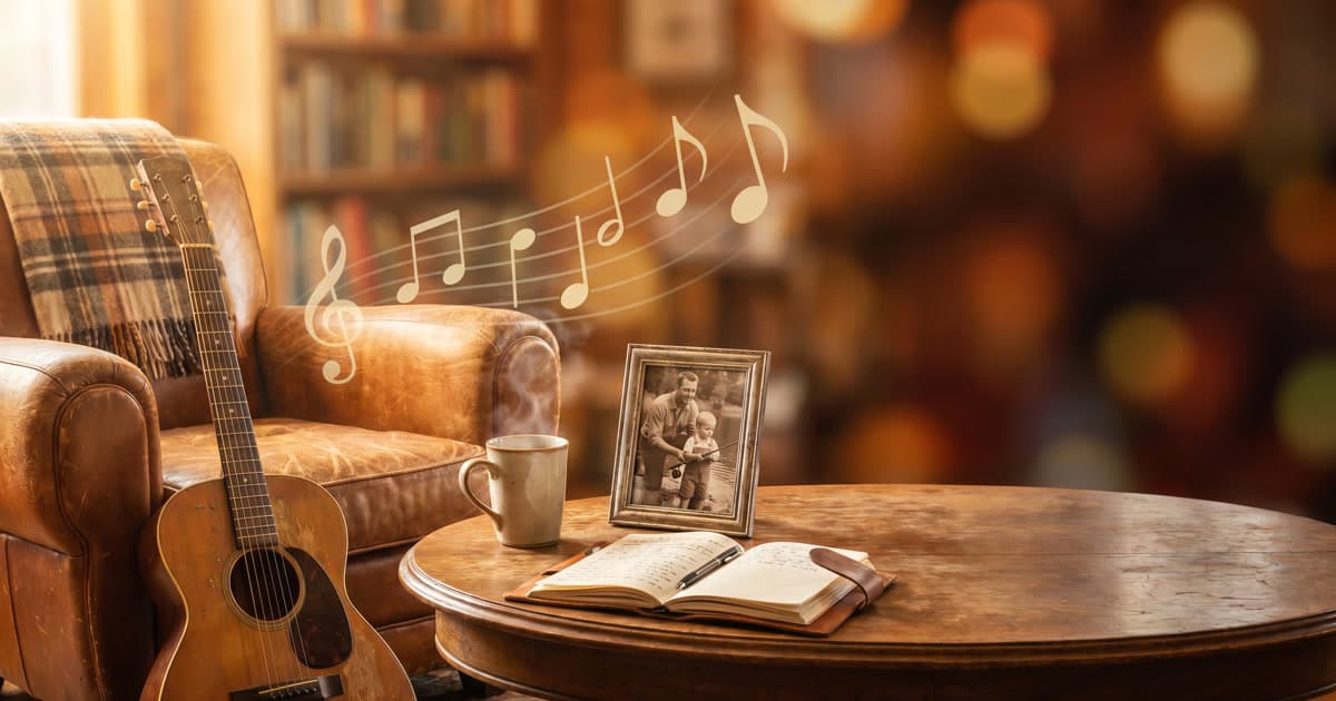 A vintage acoustic guitar leaning on a leather chair beside an open notebook, framed photo, and coffee mug