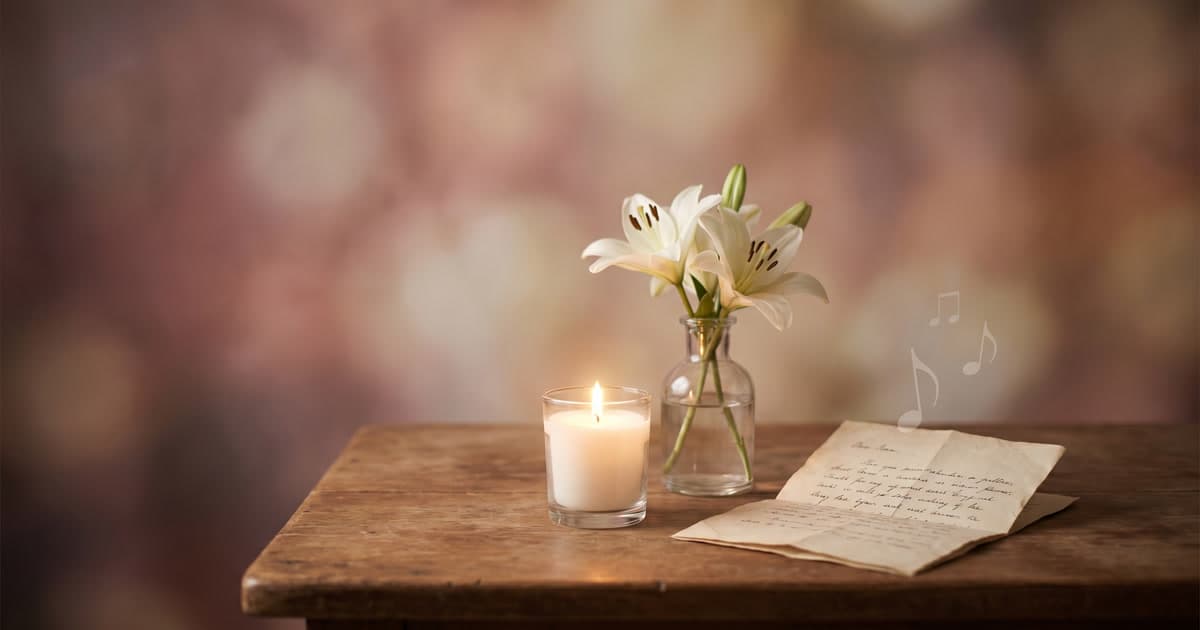 A lit white candle, white lilies in a small vase, and a folded handwritten note on a wooden table