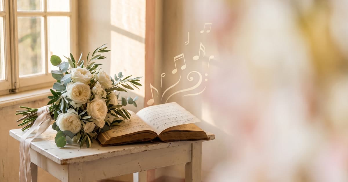 An open songbook beside a bouquet of white wedding roses on a sunlit table